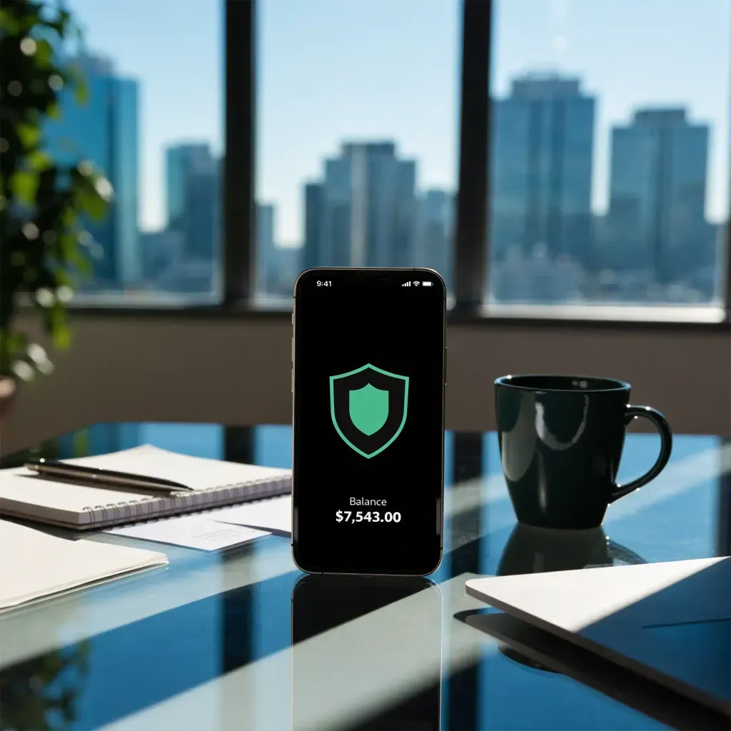 Representación conceptual de ciberseguridad financiera y protección de cuenta bancaria en un smartphone.