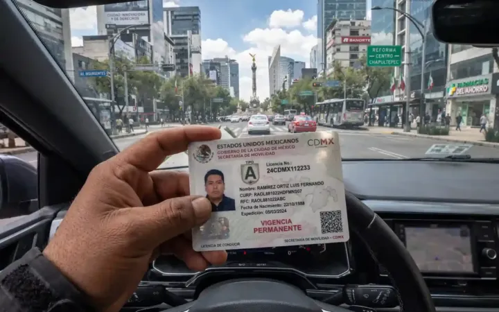 Licencia de conducir permanente de la Ciudad de México sostenida al volante de un automóvil.