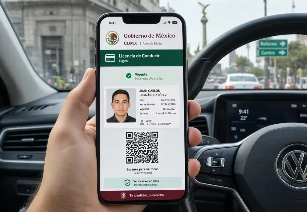 Teléfono celular mostrando la licencia de conducir digital en la aplicación oficial.