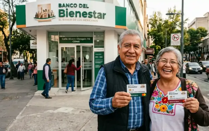 Beneficiarios de la Pensión Bienestar mostrando su tarjeta afuera de una sucursal bancaria.