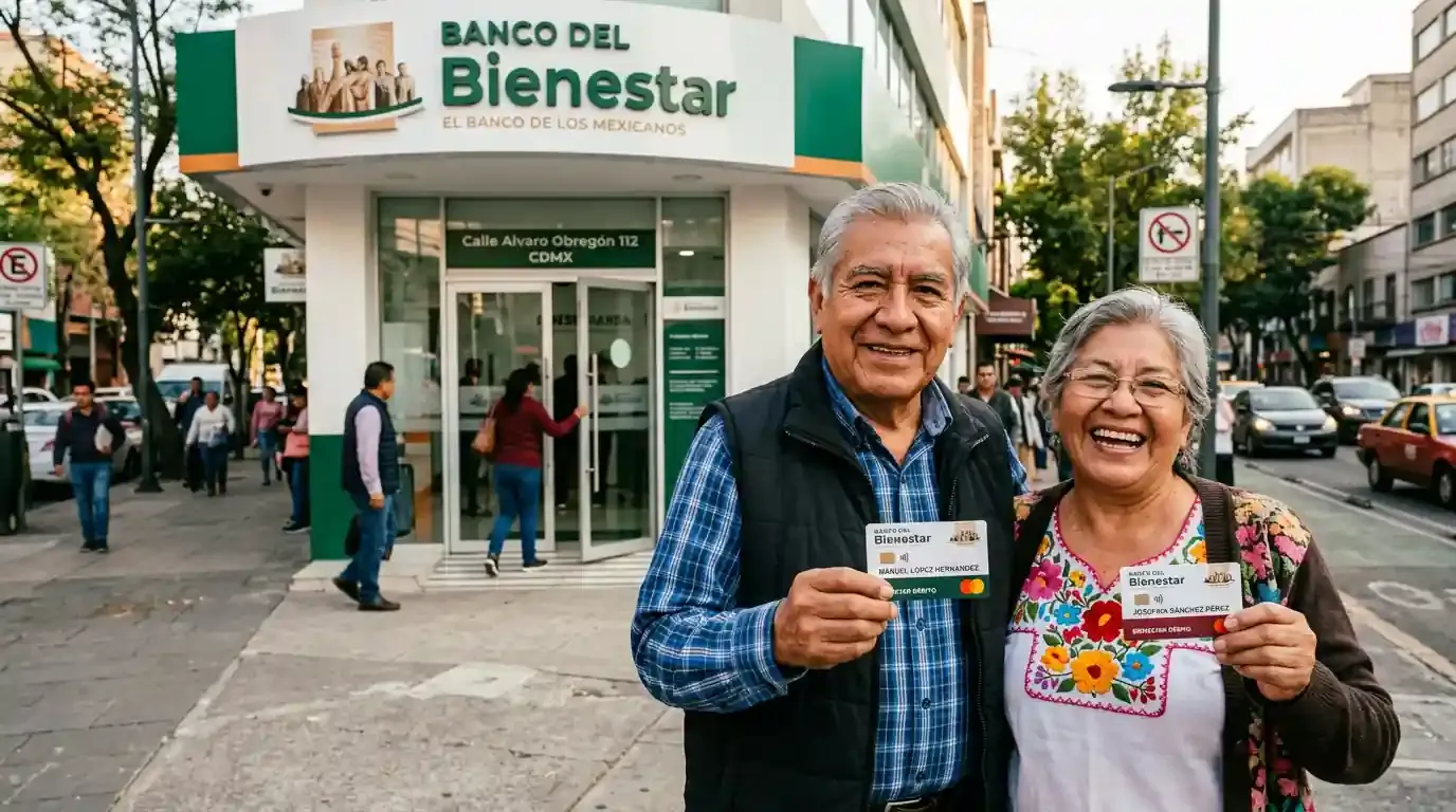 Beneficiarios de la Pensión Bienestar mostrando su tarjeta afuera de una sucursal bancaria.