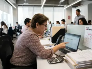 Trabajador revisando calendario y calculando el pago de prima vacacional en una computadora portátil.