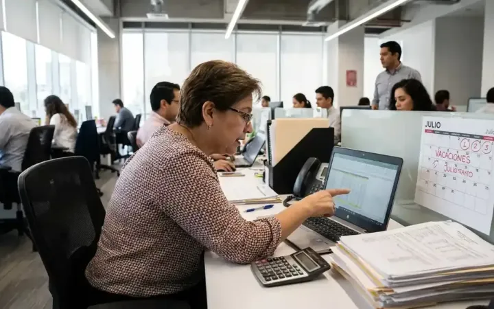 Trabajador revisando calendario y calculando el pago de prima vacacional en una computadora portátil.
