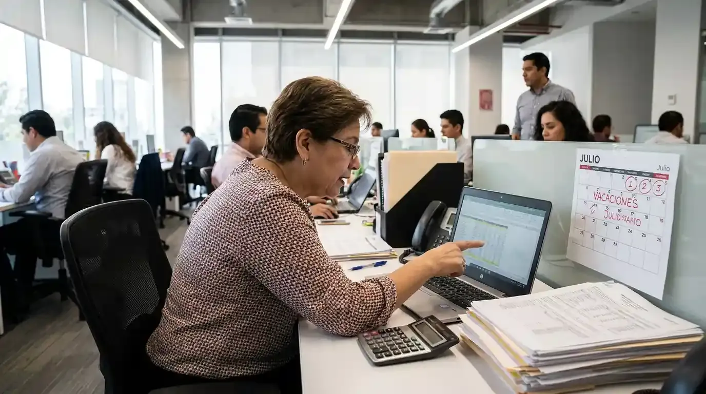 Trabajador revisando calendario y calculando el pago de prima vacacional en una computadora portátil.