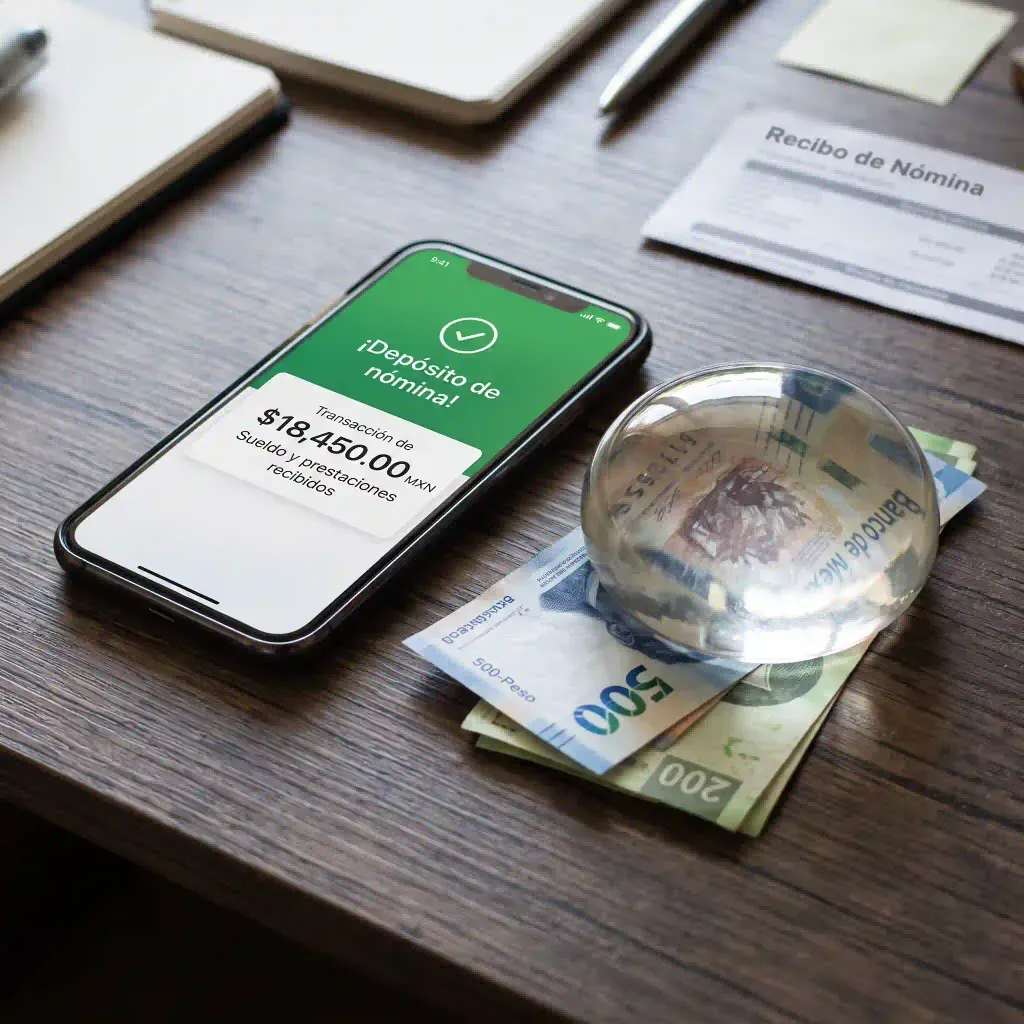 Teléfono inteligente con notificación de depósito de prestación laboral en cuenta bancaria.
