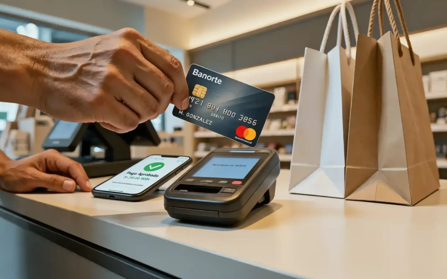 Usuario realizando un pago con tarjeta de débito en una terminal punto de venta durante El Buen Fin.