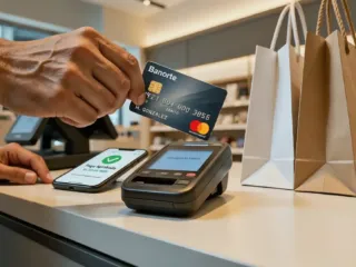 Usuario realizando un pago con tarjeta de débito en una terminal punto de venta durante El Buen Fin.