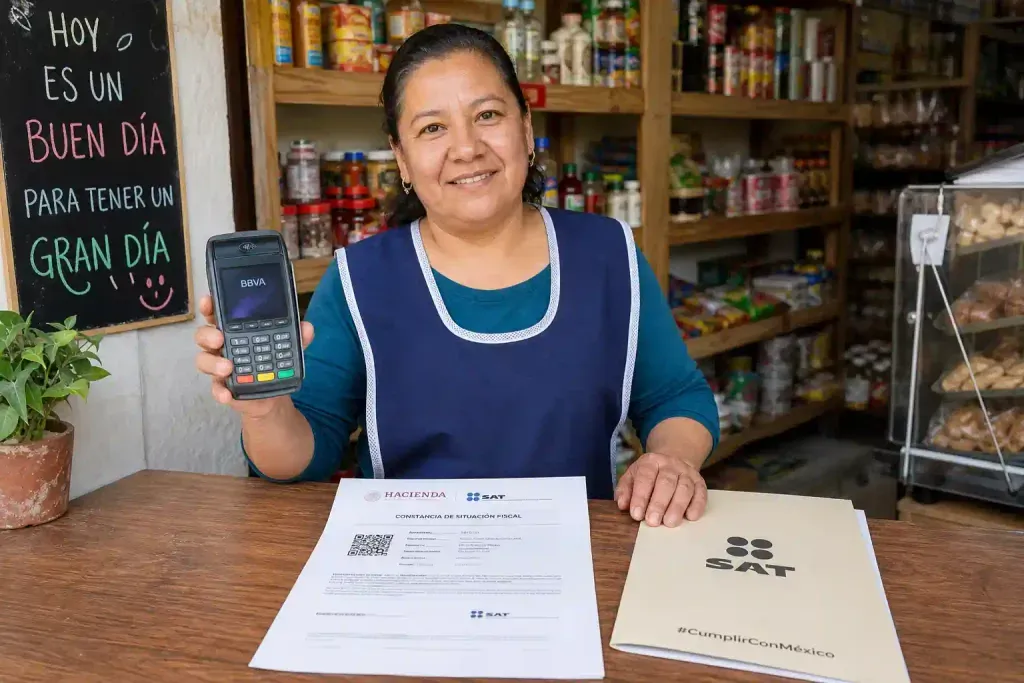 Comerciante mexicano mostrando su terminal de pago y cumplimiento fiscal para el Sorteo El Buen Fin.