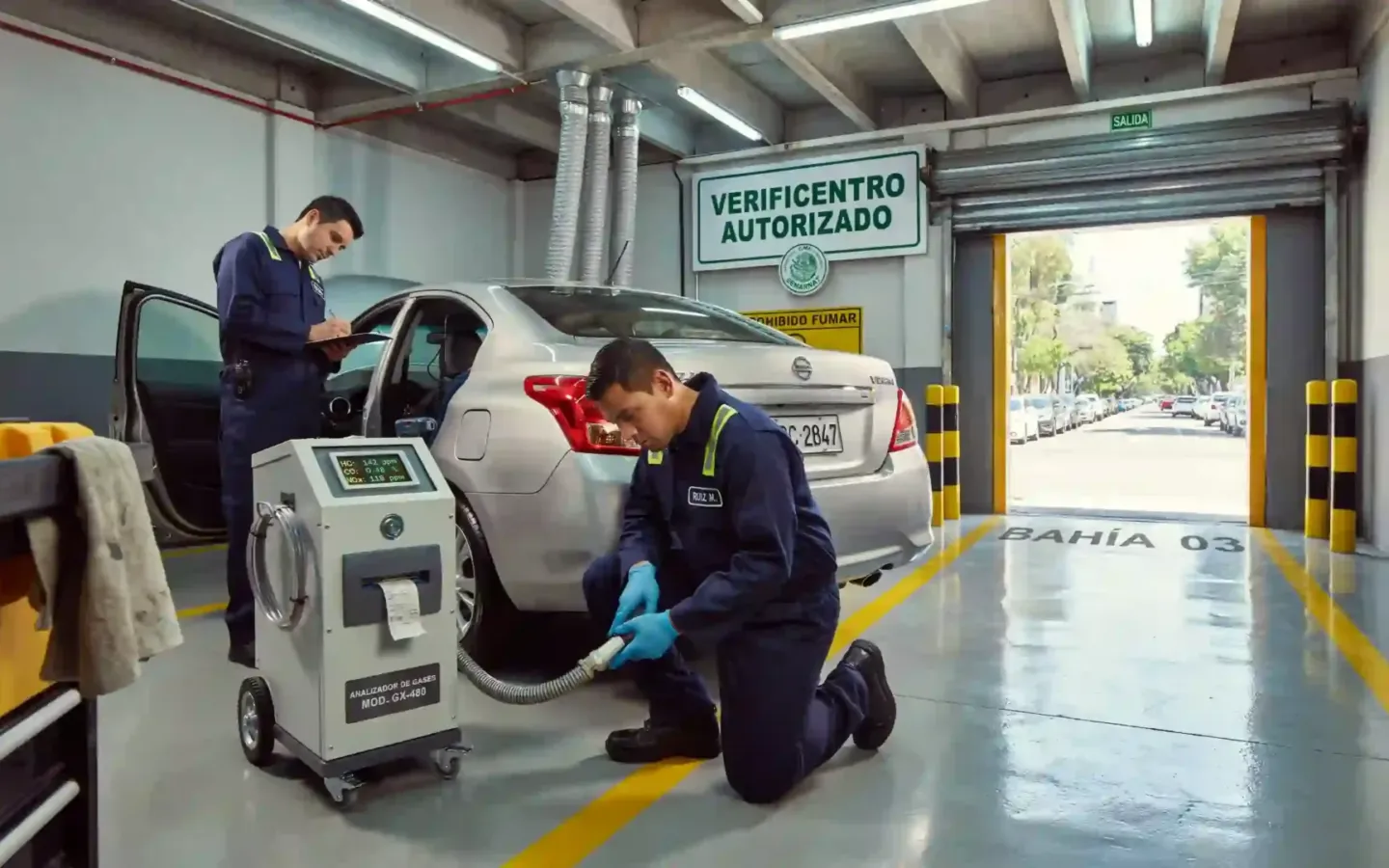 Técnico realizando la prueba de emisiones vehiculares en un Verificentro de la Ciudad de México.