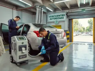 Técnico realizando la prueba de emisiones vehiculares en un Verificentro de la Ciudad de México.