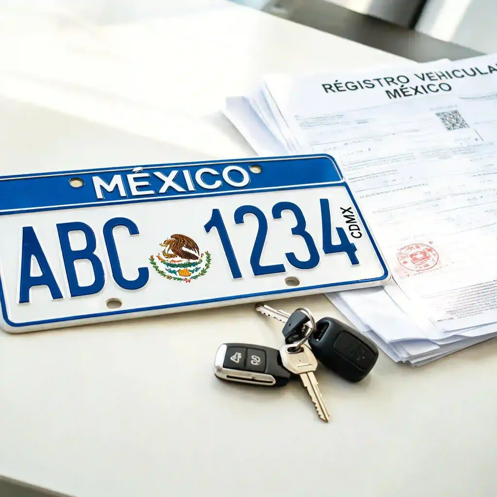 Juego de placas de circulación y documentos de control vehicular para el reemplacamiento.