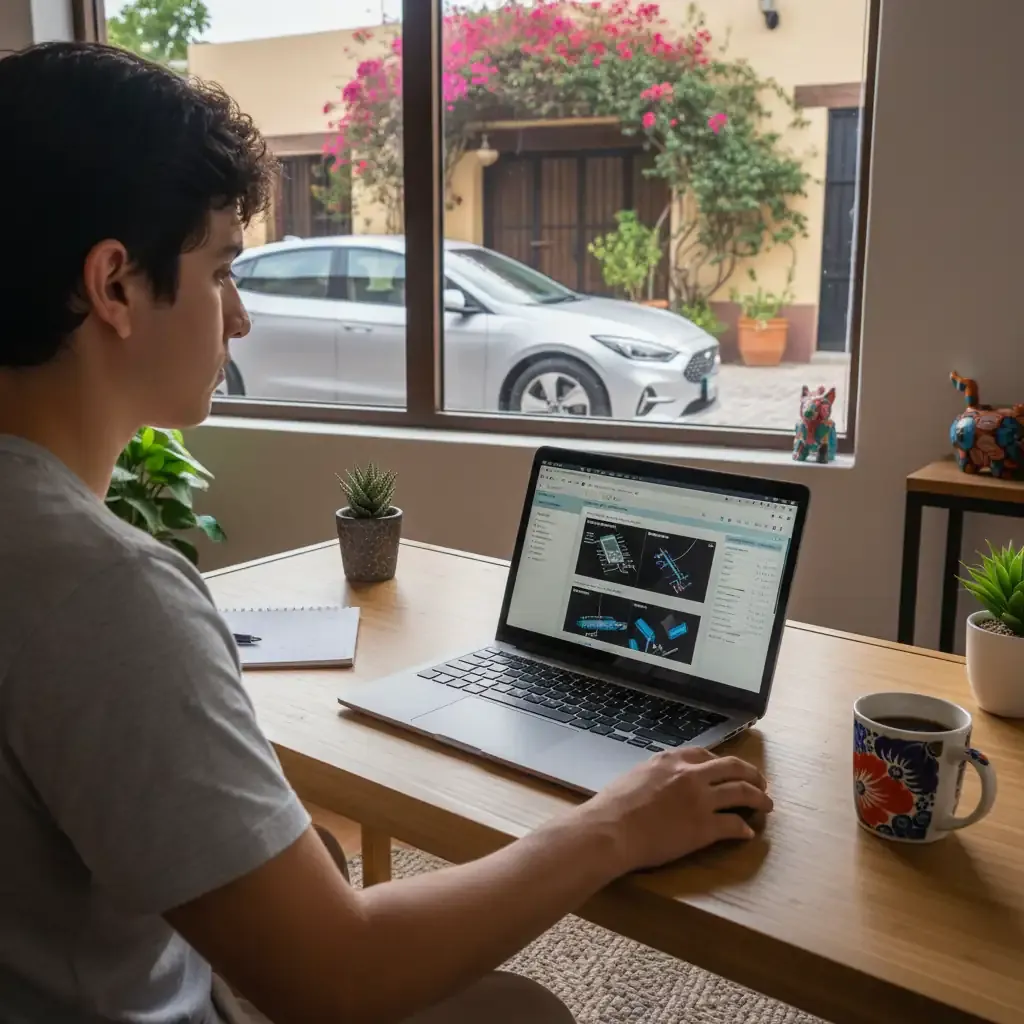 Conductor agendando cita de verificación vehicular en portal oficial mediante laptop.